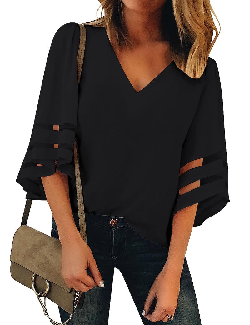 LookbookStore Women Summer Tops 2024 Ladies Tops and Blouses Black Blouse Shirts for Women Casual Dressy Work Tops 3/4 Bell Sleeve Blouse Loose Business Work Blouse V Neck Tops Size XL Size 16 18 - Image 1
